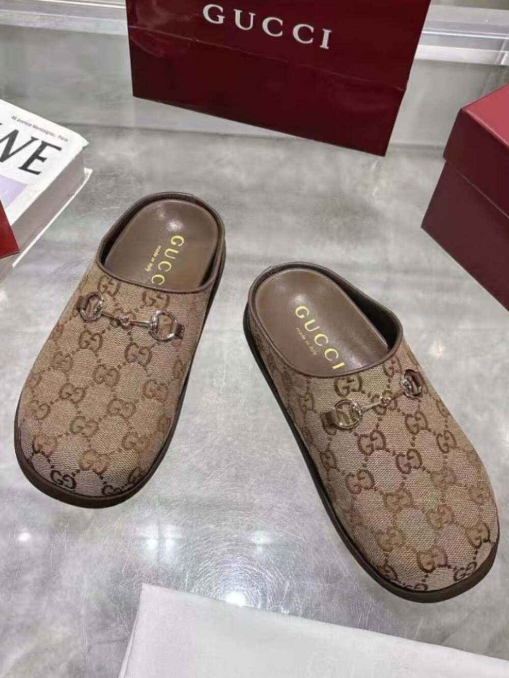 Gucci Brown GG Canvas Horsebit Closed‑Toe Backless Mule Clogs